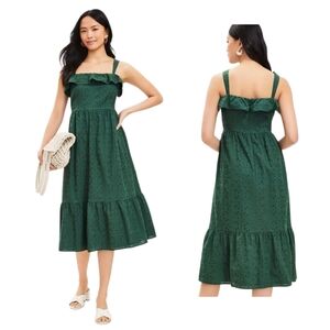 NWT Loft Green Eyelet Lace Ruffle Square Neck Midi Dress
